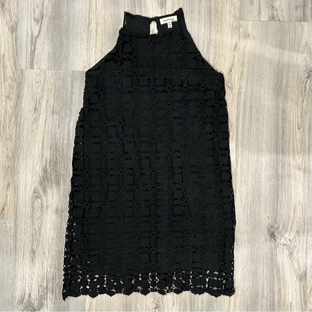 Monteau Los Angeles Black Lined Crochet Lace High Neck Halter Mini Dress Size M